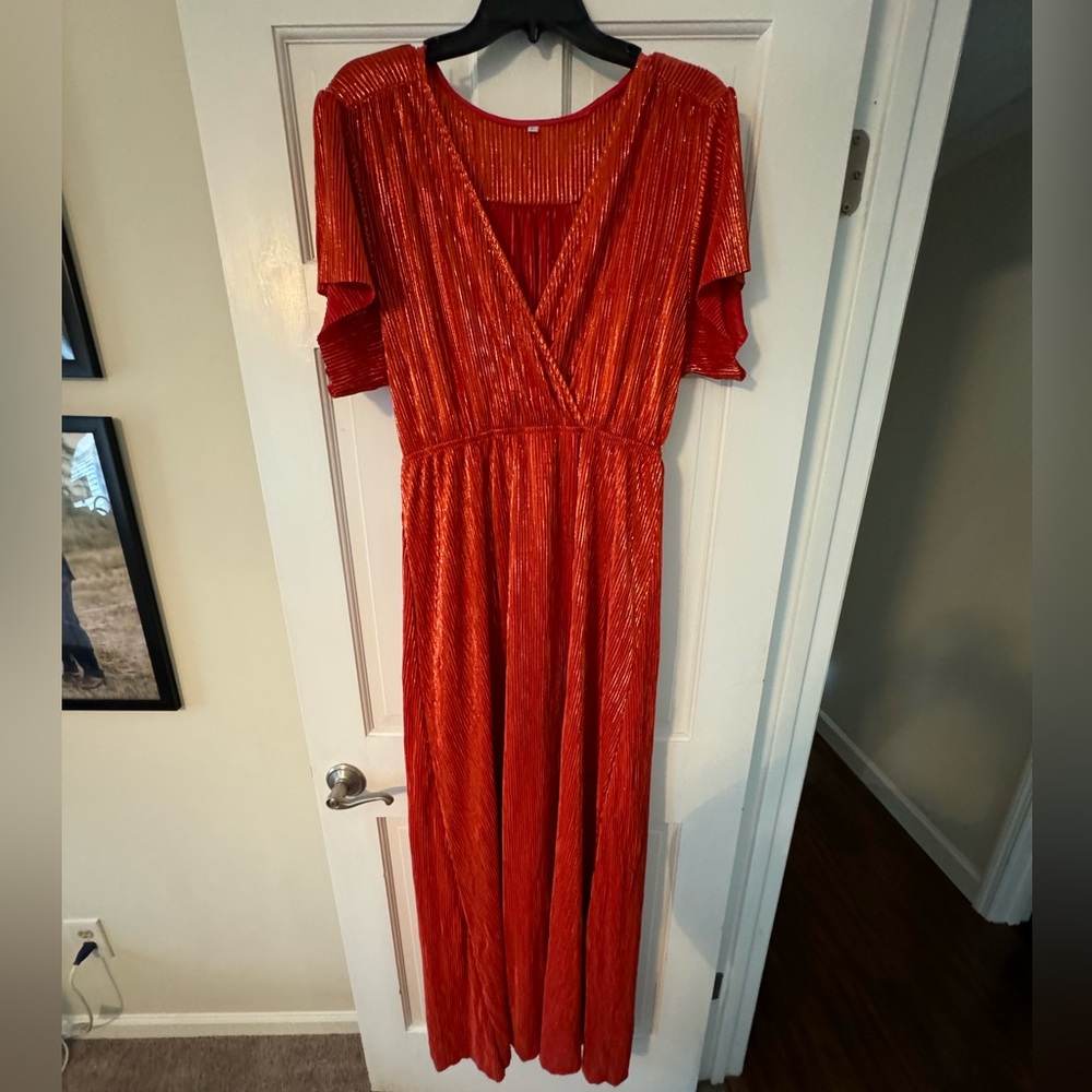 Large, shimmery orange maxi dress. Maternity/nursing friendly.